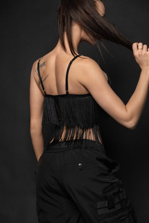 NØIRTEK – “NIGHTFALL SHIVER” Fringe Mesh Bodysuit